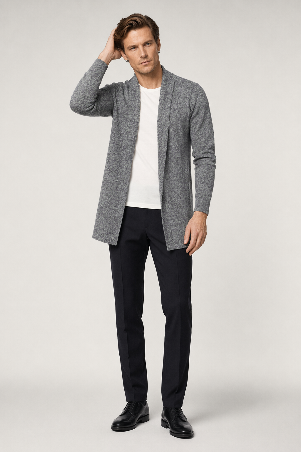 Gray Mid Length Shawl Collar Cardigan for Men Default