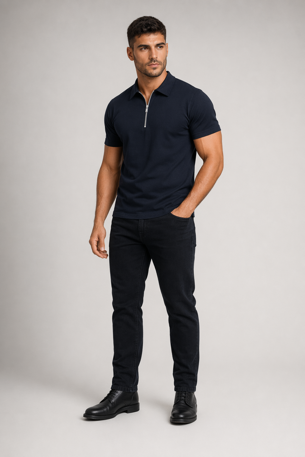 Zipper Polo Shirt for Men with Short Sleeves Navy