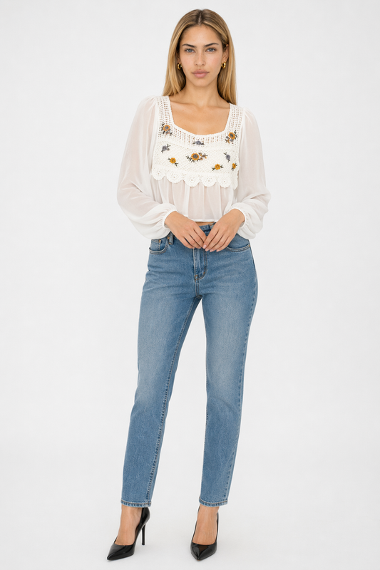 Crocheted Women's Top with Layered Floral Chiffon White