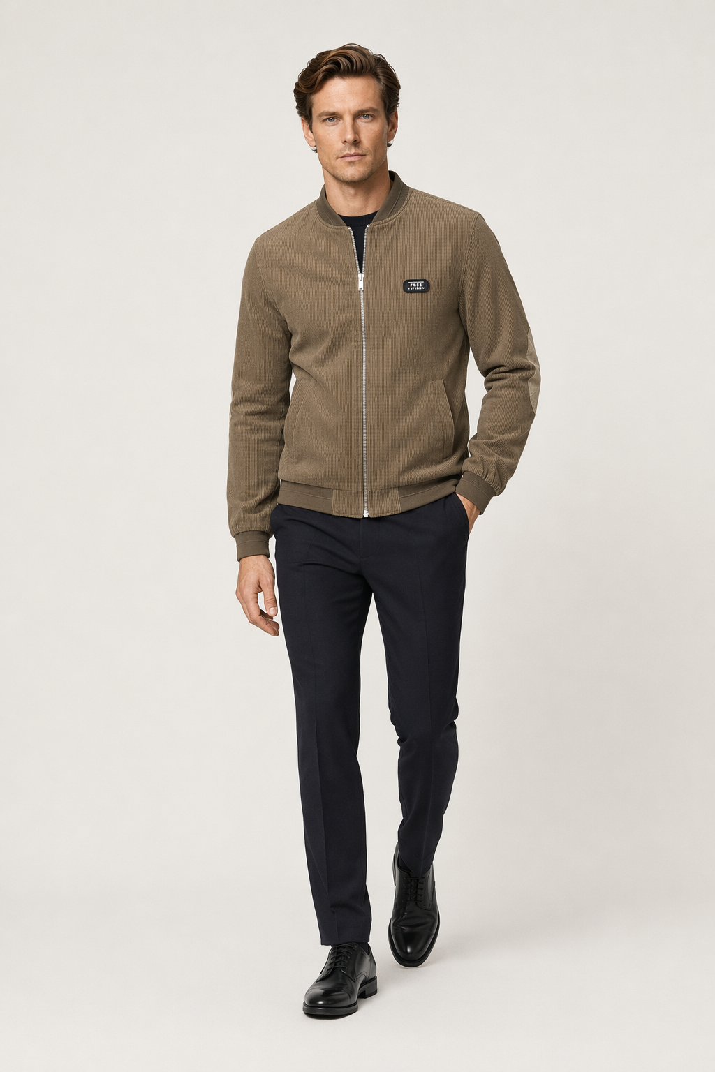 Winter Jacket with Elbow Patches and Zippered Collar for Men Khaki