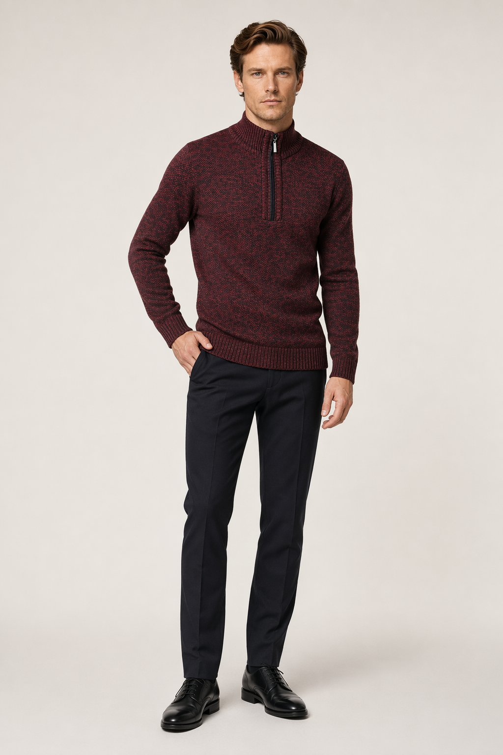 Zippered High Collar Men's Sweater Wine