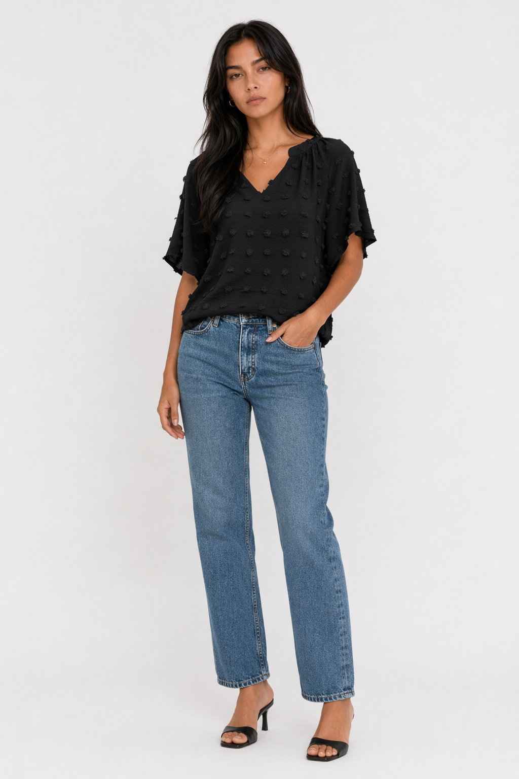 Women's Summer Top with Batwing V-Neck Design Black