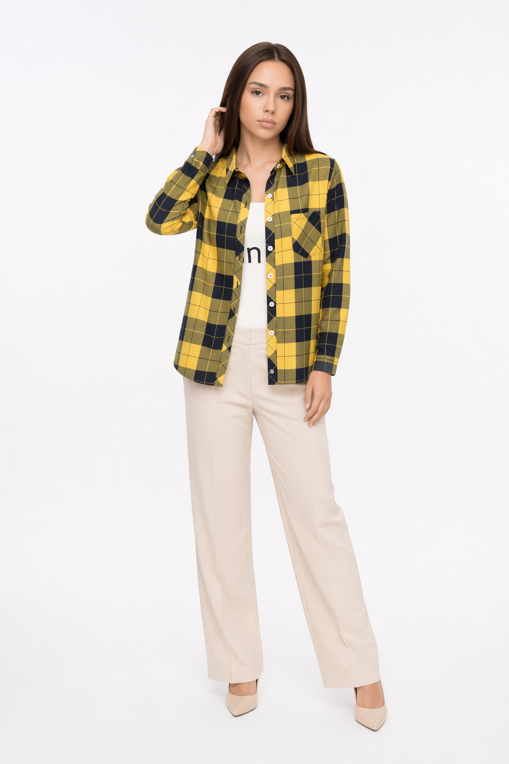 Casual Plaid Long Sleeve Shirt for Women Yellow