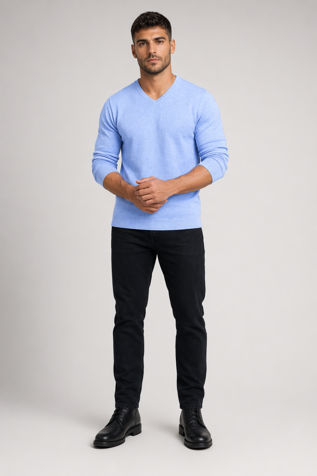 Knitted Top for Men with a V Neck Blue