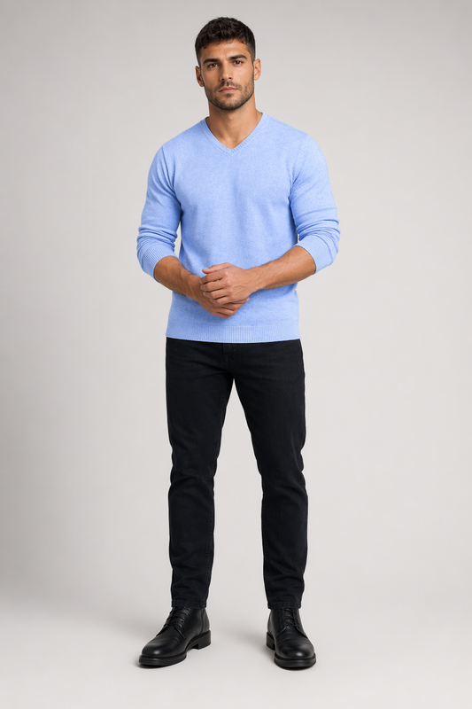 Knitted Top for Men with a V Neck Blue