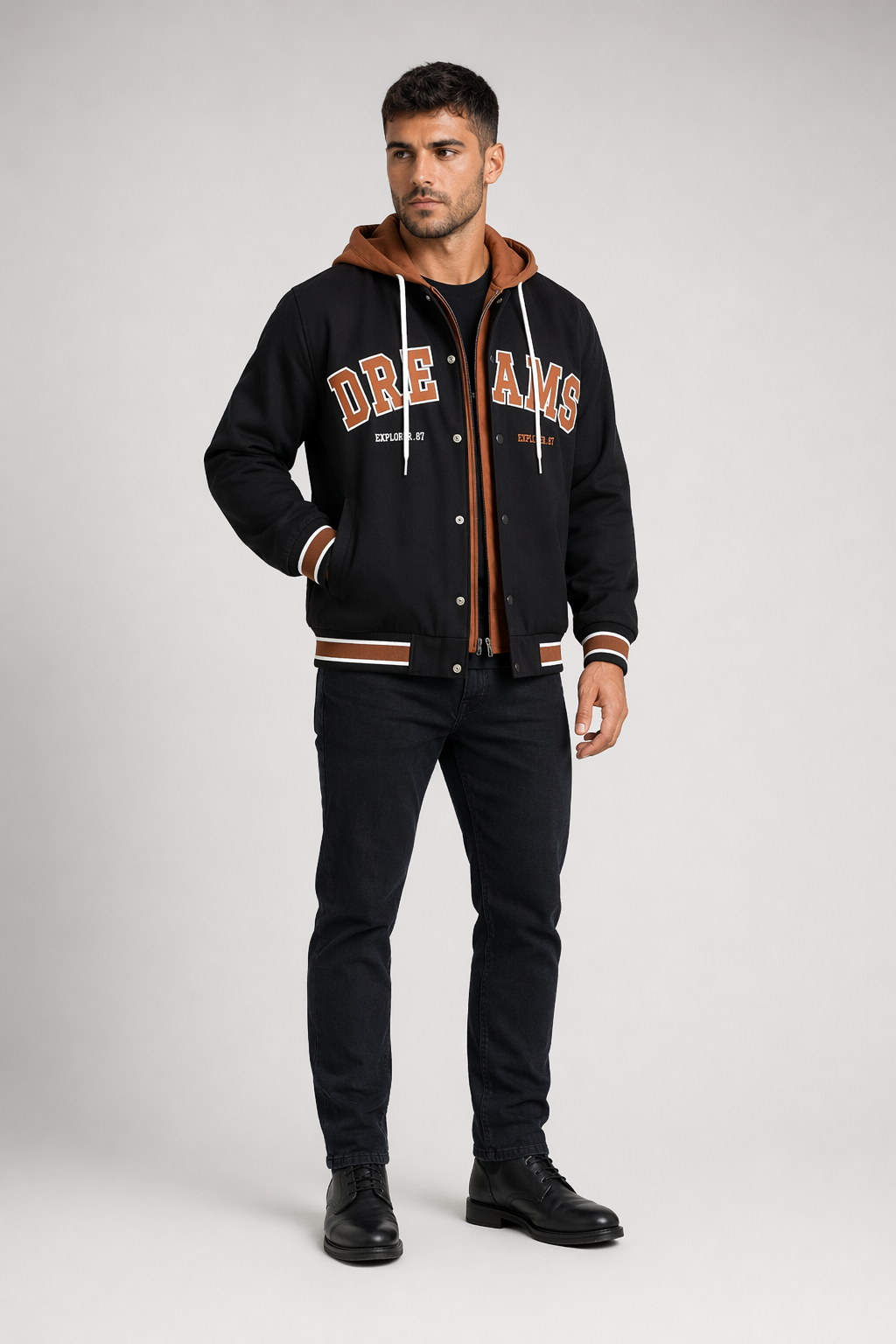 Layered Appearance Men's Baseball Jacket Featuring a Hood Black