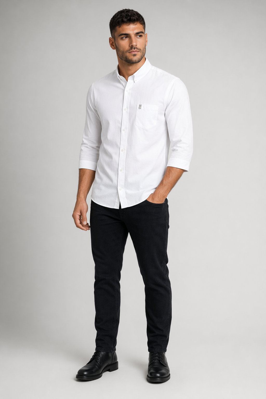 Men's Button-Down Shirt with Three-Quarter Sleeves White