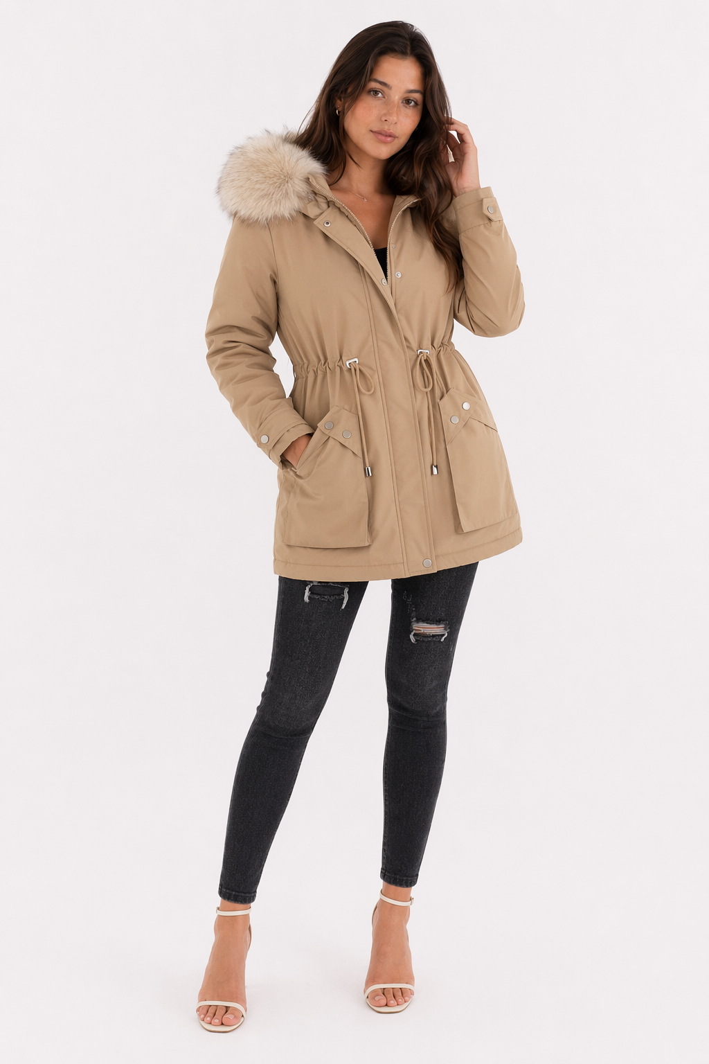Faux Fur Hooded Women's Jacket with Adjustable Waist Tie Khaki