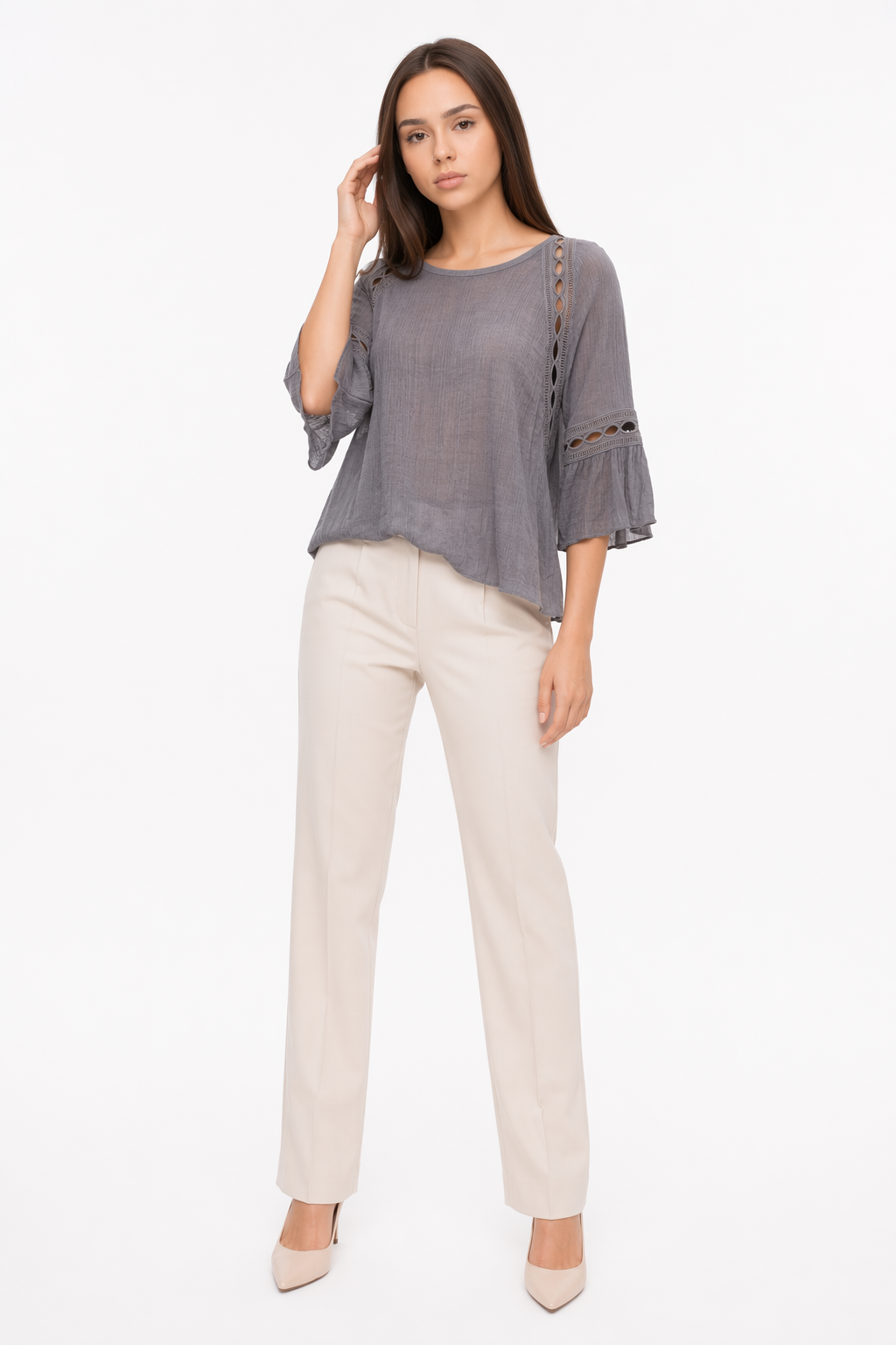 Blouse with Cut-Outs on the Quarter Sleeves Gray