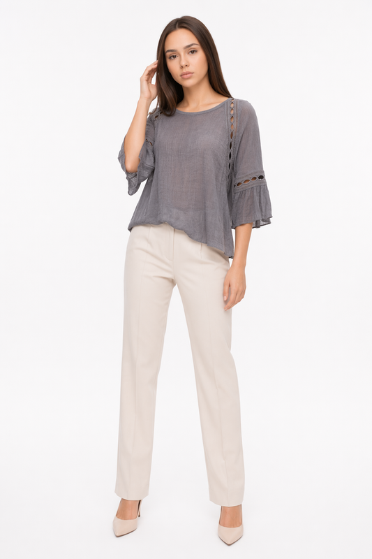 Blouse with Cut-Outs on the Quarter Sleeves Gray