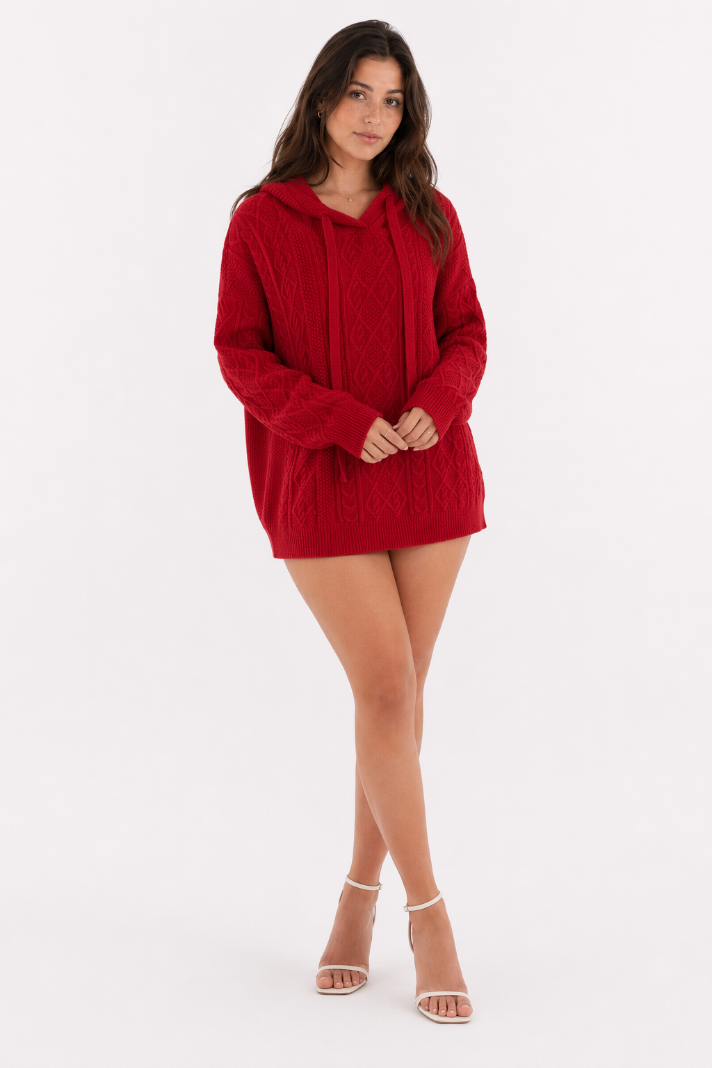 Hooded Cable-Knit Sweater for Women Red
