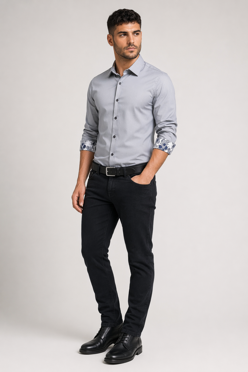 Flowery Inner Details Men's Button-Down Shirt Gray