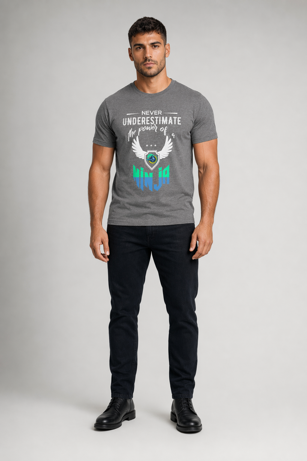 Green Text Ninja Power Short Sleeve Tee Deep Heather
