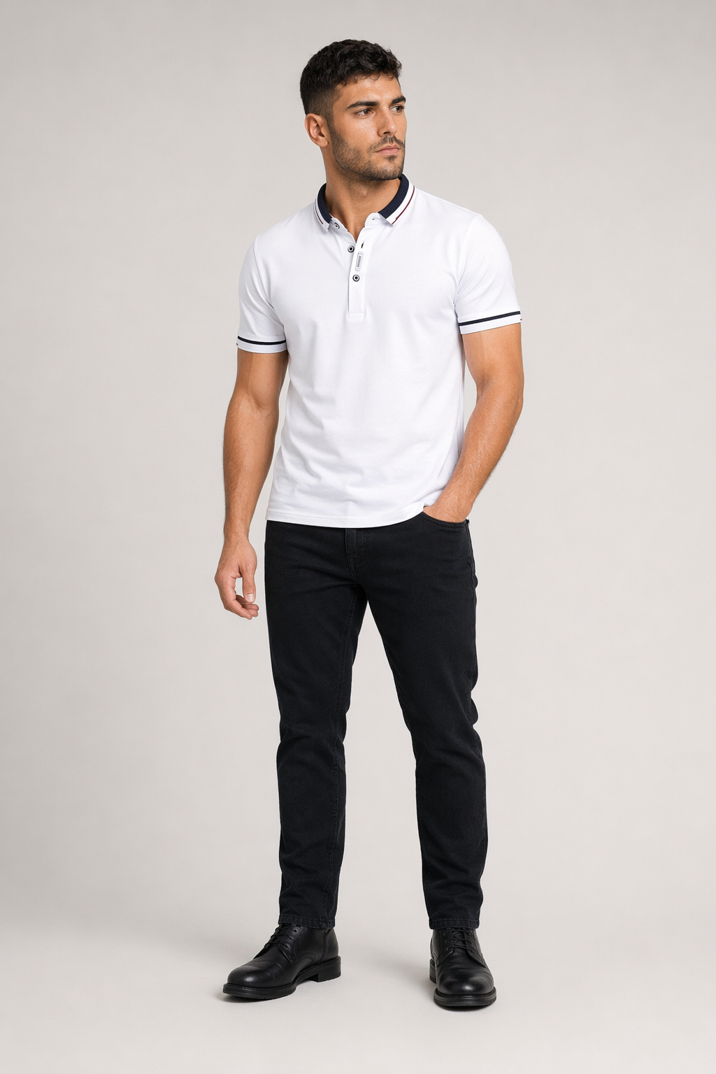 Short-Sleeved Polo Shirt for Men with Distinctive Collar Embellishments White
