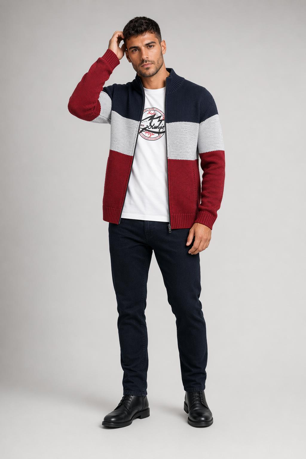 Zip-Up Sweater Jacket for Men's Casual Wear Navy