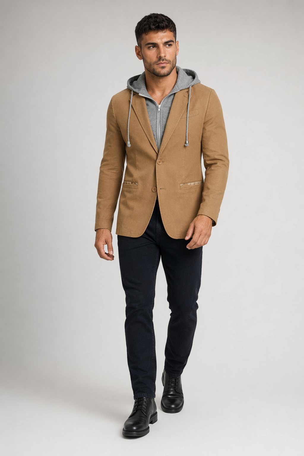 Black Hooded Blazer for Men's Urban Fashion Khaki