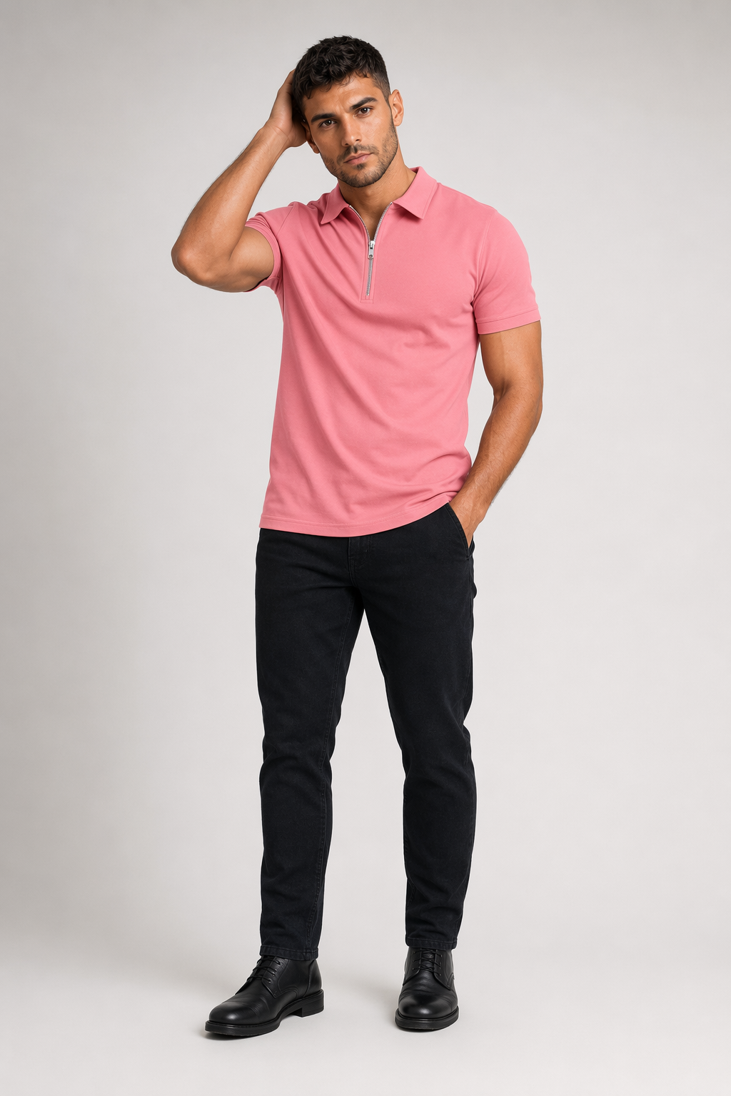 Zipper Polo Shirt for Men with Short Sleeves Pink