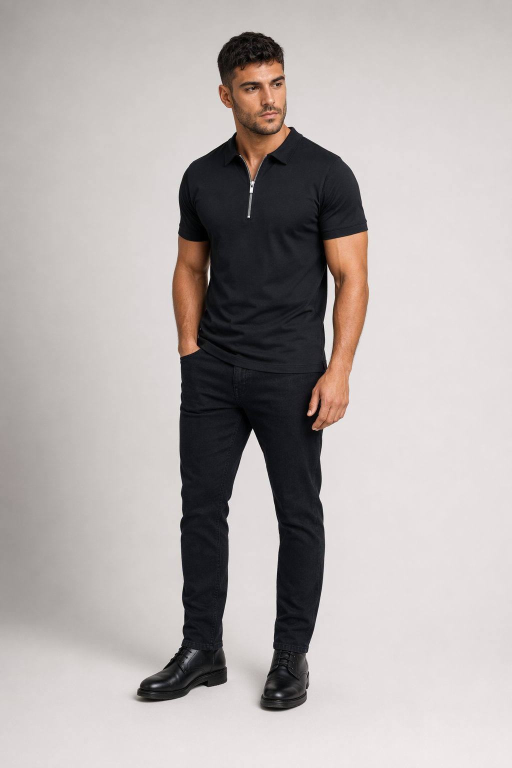Zipper Polo Shirt for Men with Short Sleeves Black