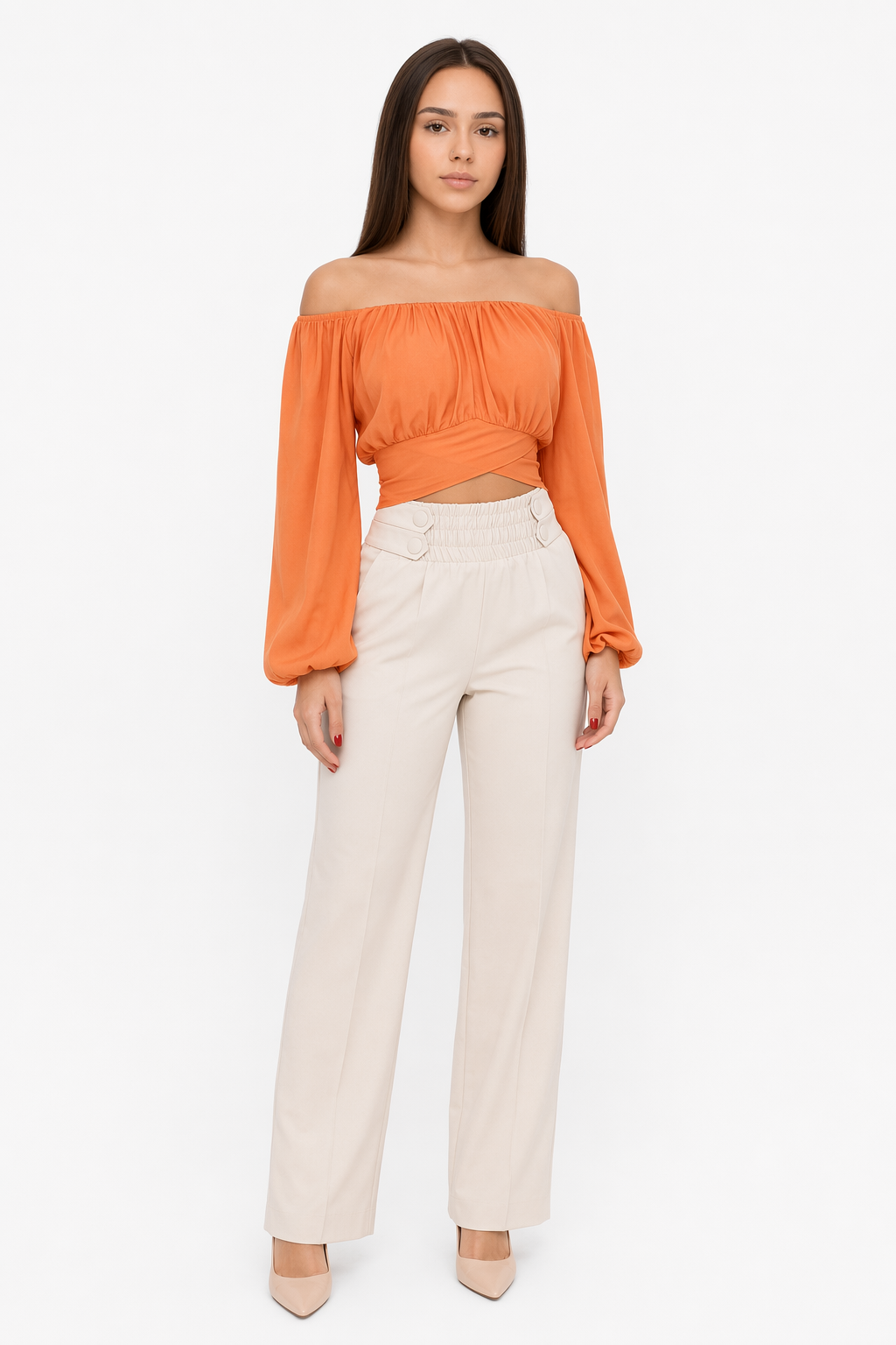 Summer Women's Top with Off-Shoulder Style and Bell Sleeves Orange