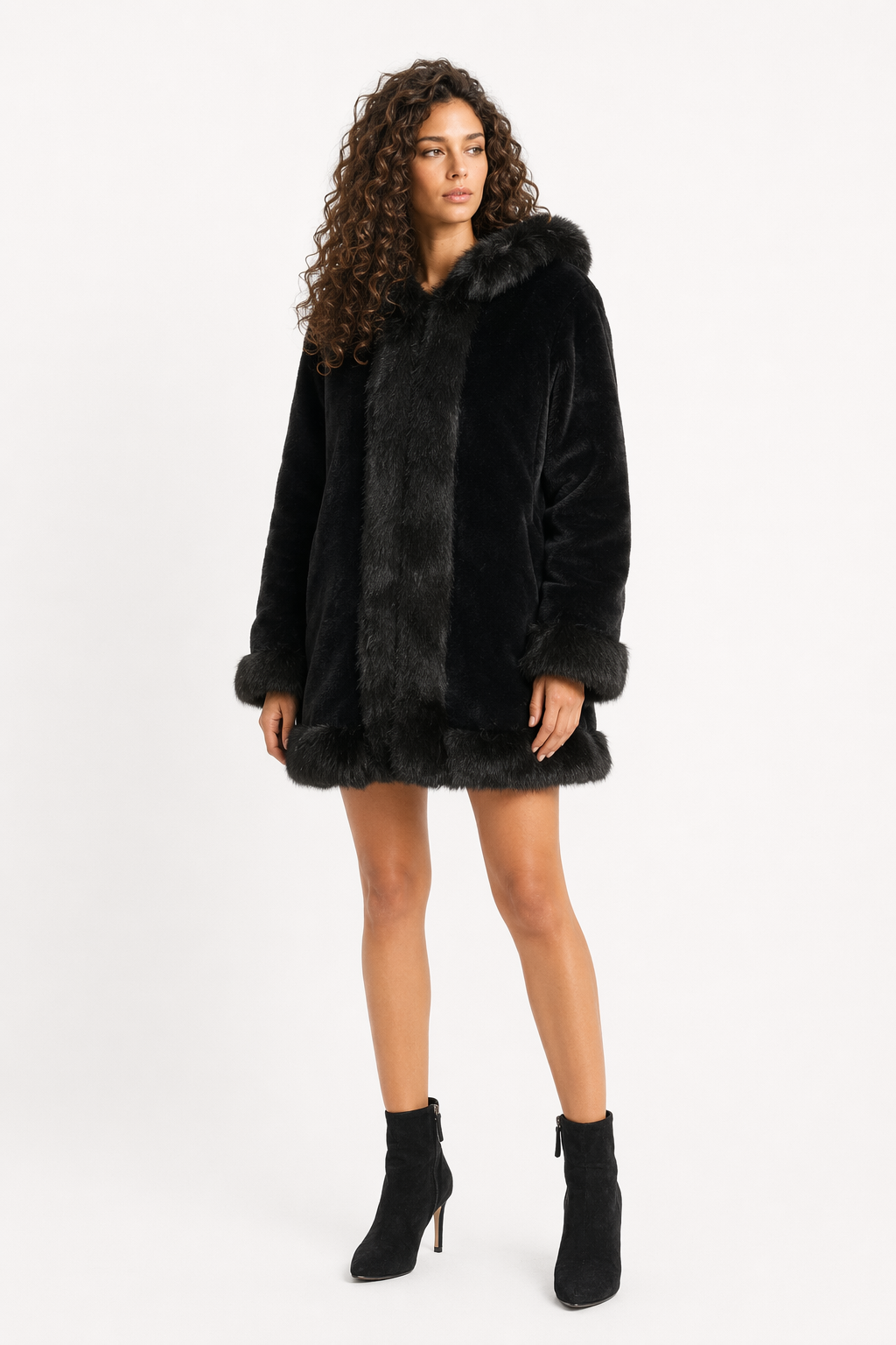 Faux Fur Hooded Women's Coat Black