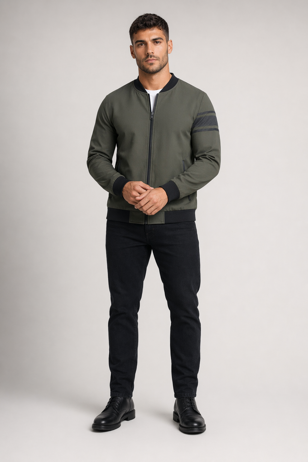 Striped Sleeve Zip-Up Bomber Jacket for Men Army Green