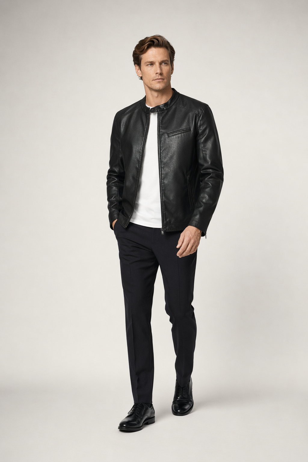 Vegan Leather Biker Jacket with Round Neck Zipper for Men Black