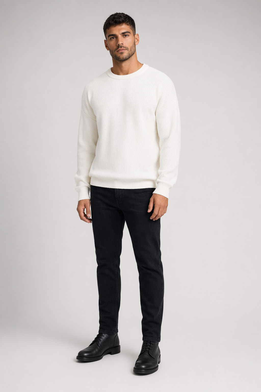 Loose-Fitting Crew Neck Sweater with a KPOP Vibe for Men White