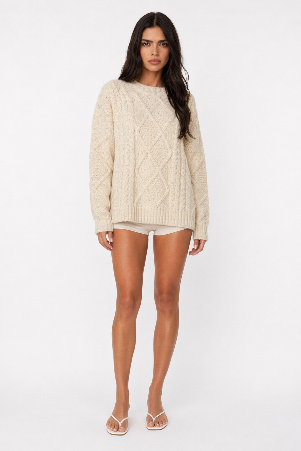 Cable Knit Batwing Sweater for Women Beige