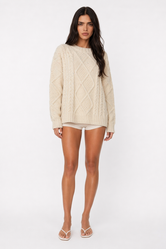 Cable Knit Batwing Sweater for Women Beige