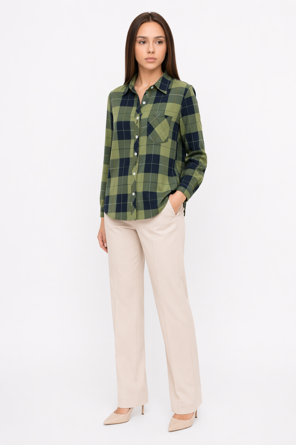 Casual Plaid Long Sleeve Shirt for Women Green