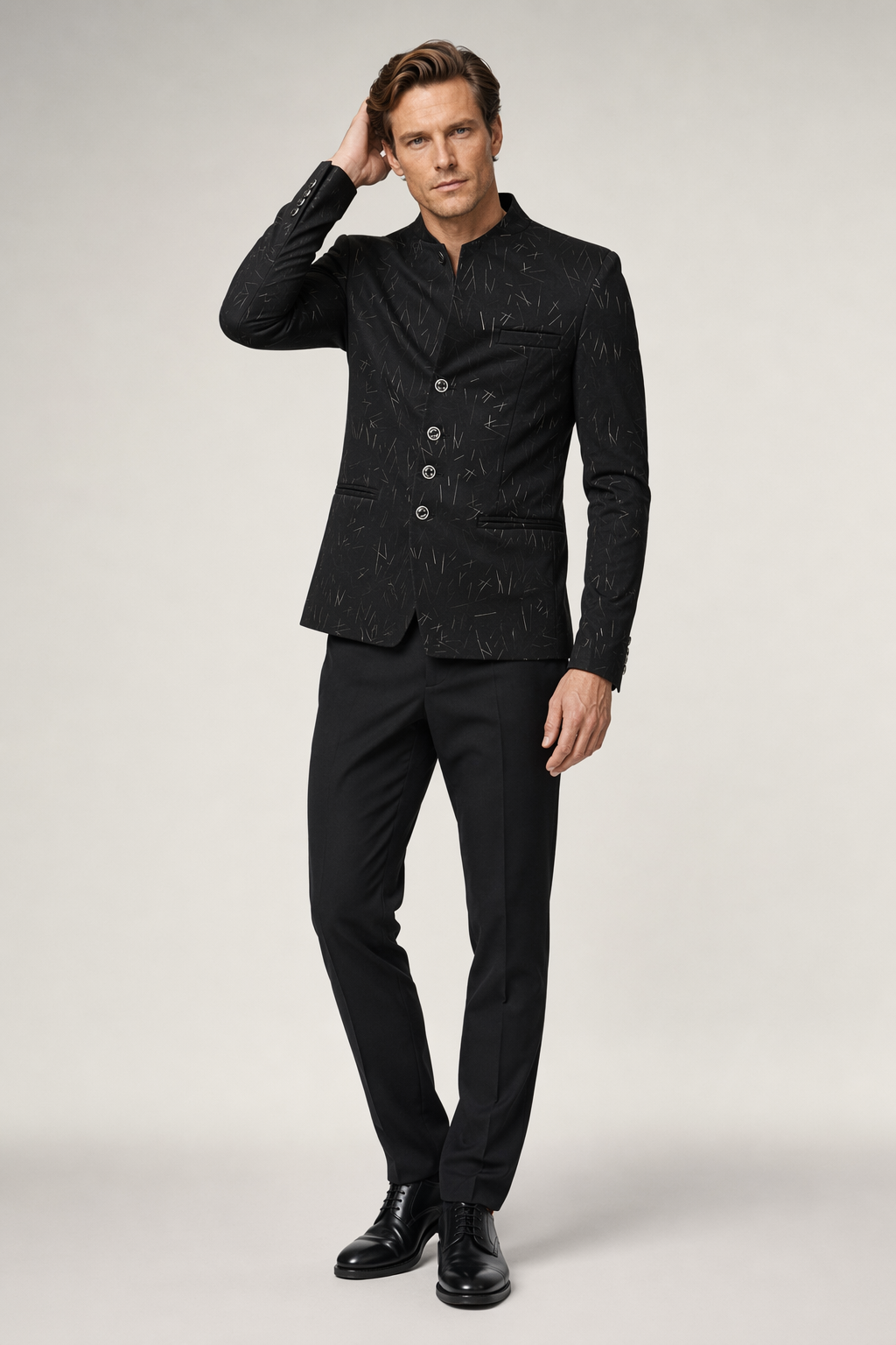 Slim Fit Circular Collar Patterned Men's Blazer Black