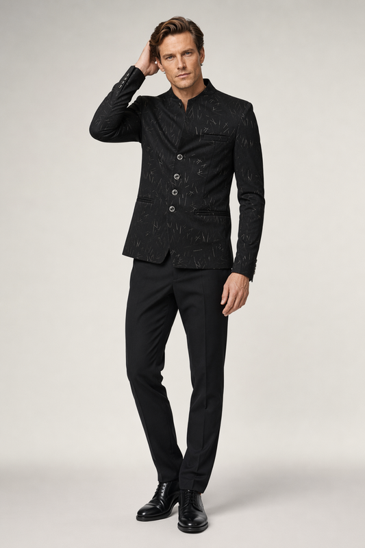 Slim Fit Circular Collar Patterned Men's Blazer Black
