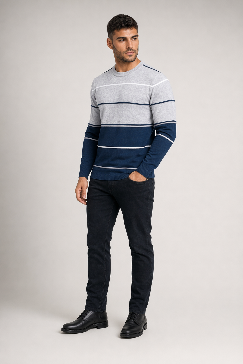 Two-Toned Striped Men's Sweater with Round Neck Gray