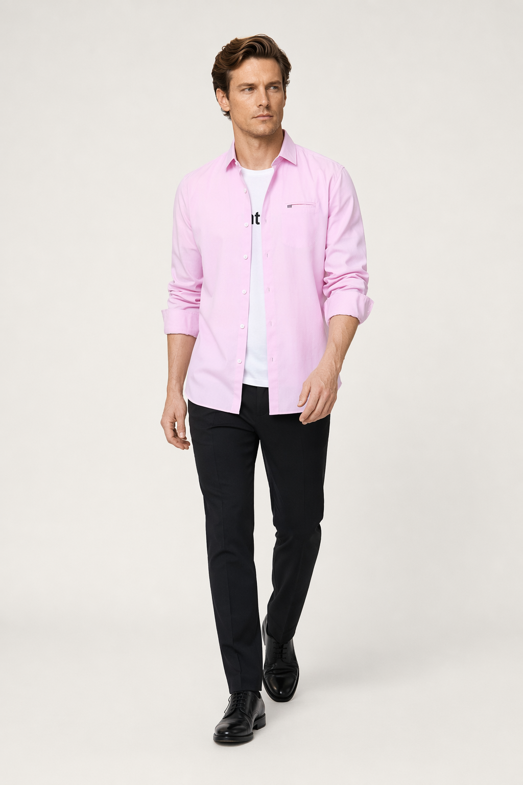 Casual Long Sleeve Button-Up Shirt for Men Pink