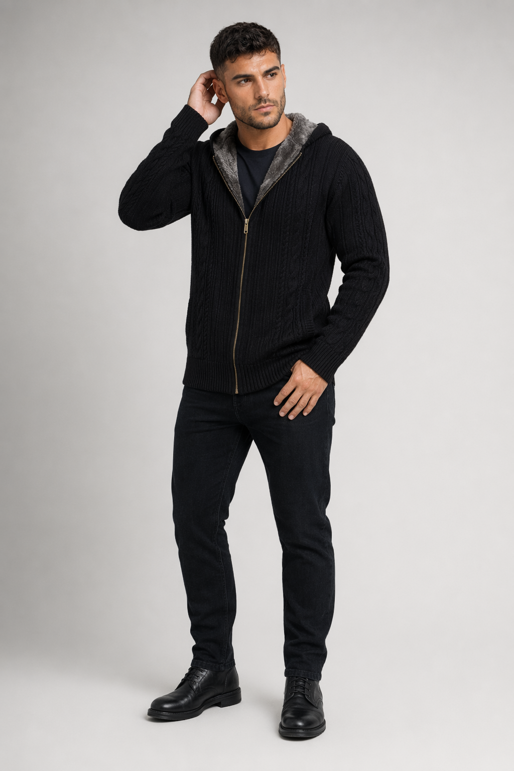 Layered Inner Mens Hooded Cardigan Black