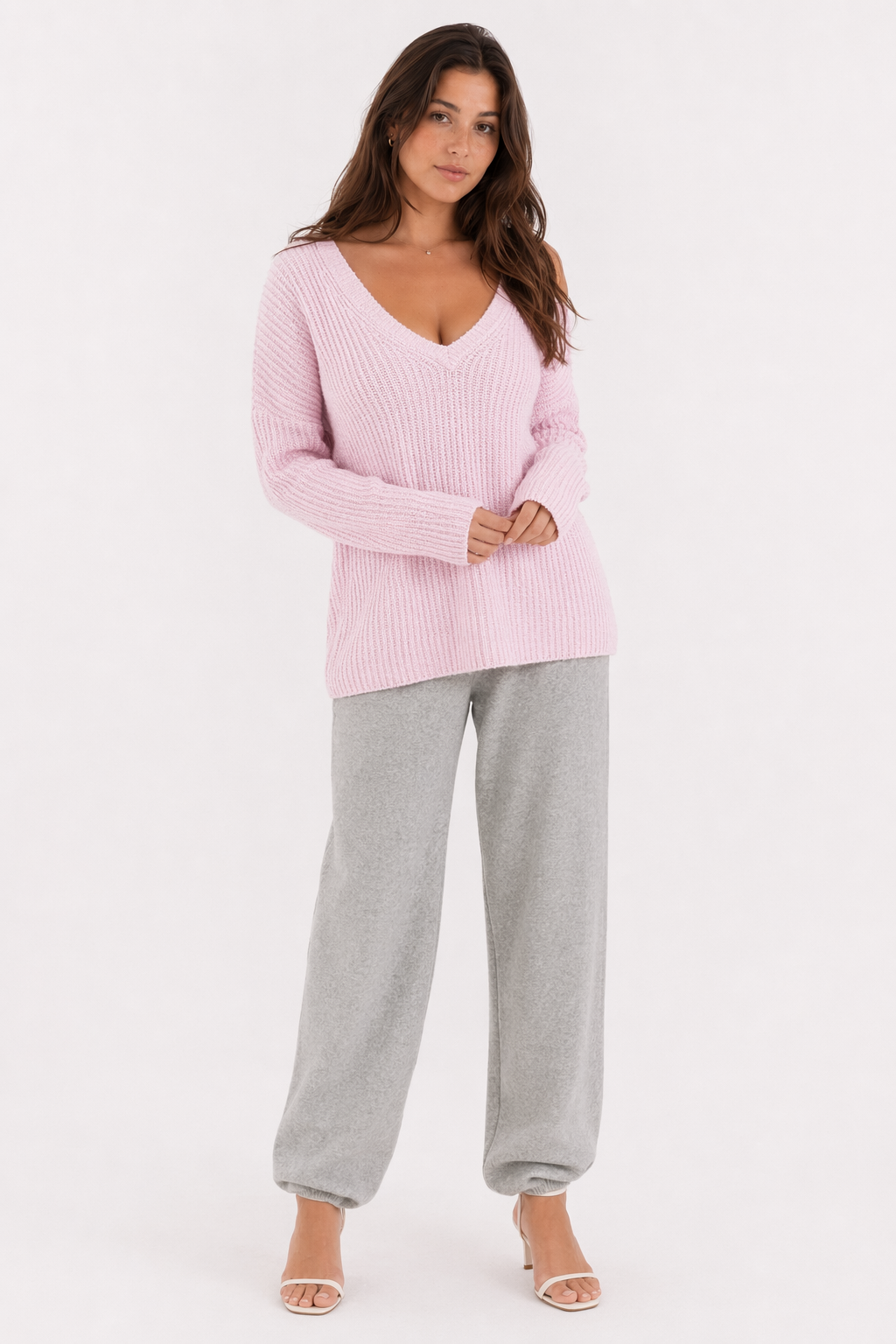 Casual Sweater for Women with a V Neck Design Pink