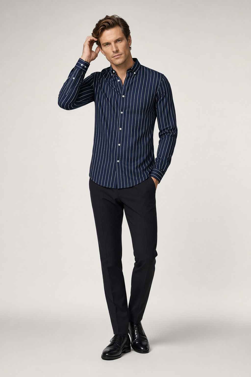 Slim Fit Vertical Stripe Button Down Shirt for Men Navy