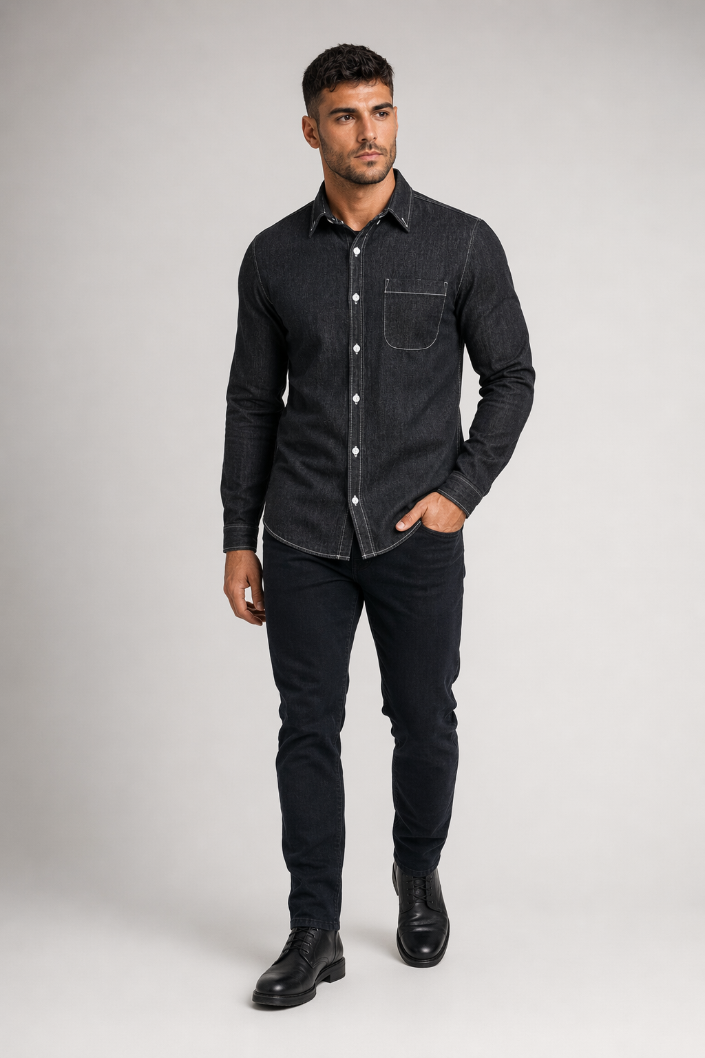 Long Sleeve Denim Shirt with Single Pocket for Men Black