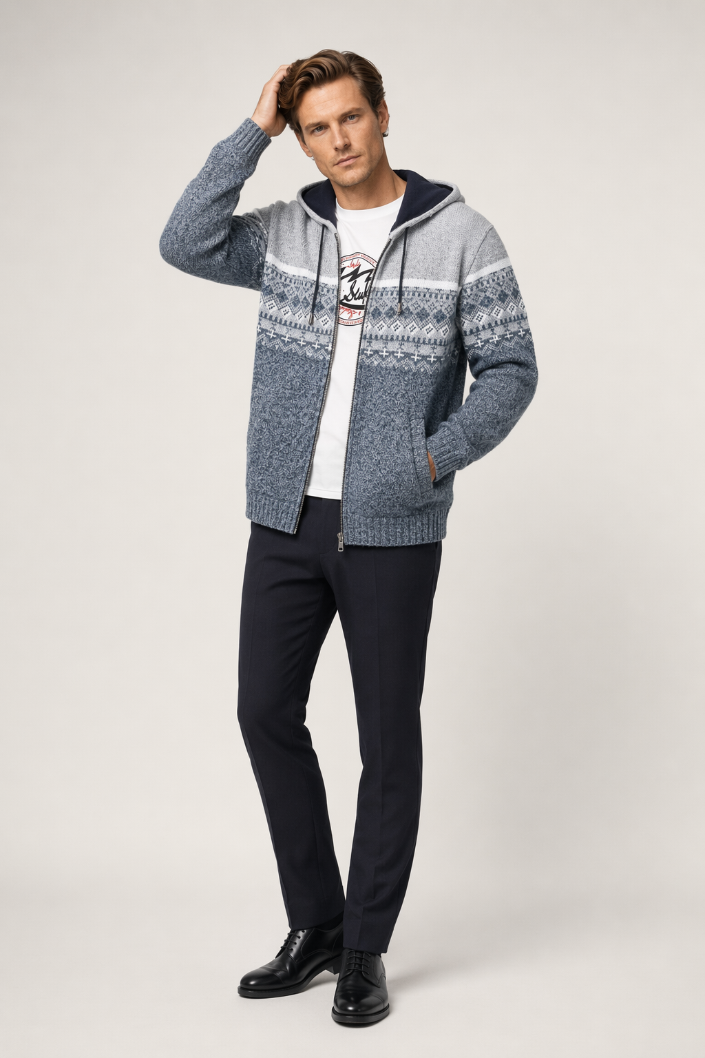Printed Zip-Up Hooded Jacket for Men Light Gray