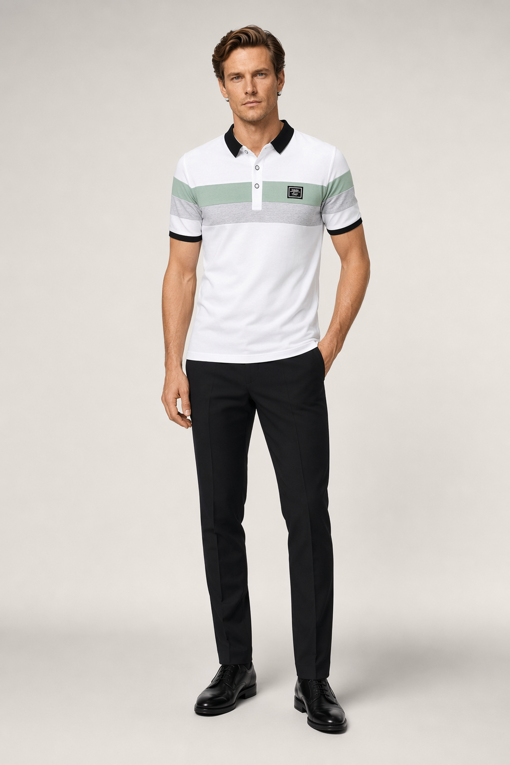 Slim Fit Wide Striped Polo Shirt for Men with Solid Back Panel White