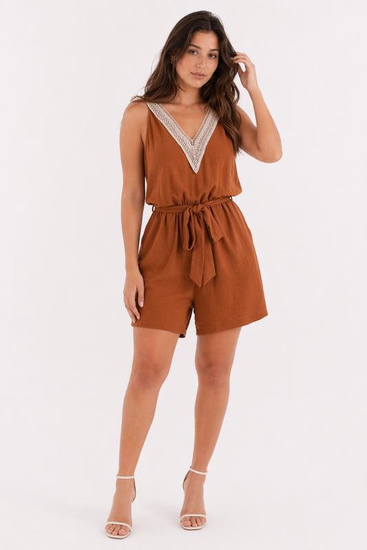 Sleeveless V Neck Jumpsuit for Women Caramel