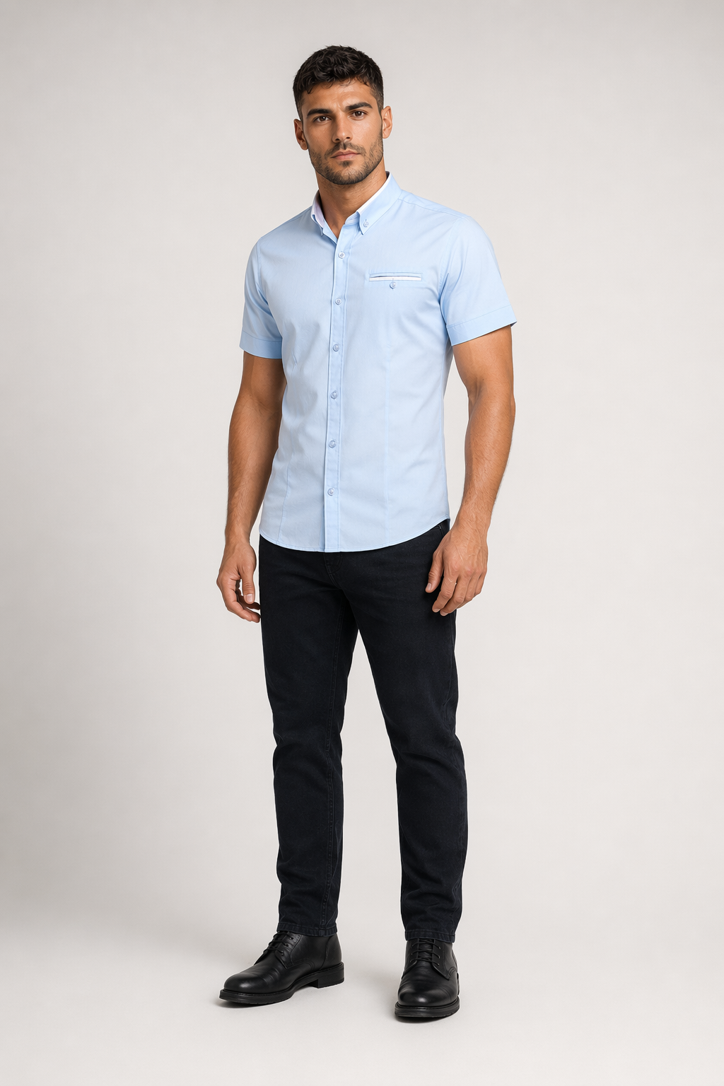 Short-Sleeved Shirt for Men with Unique Dual Collar Style Blue