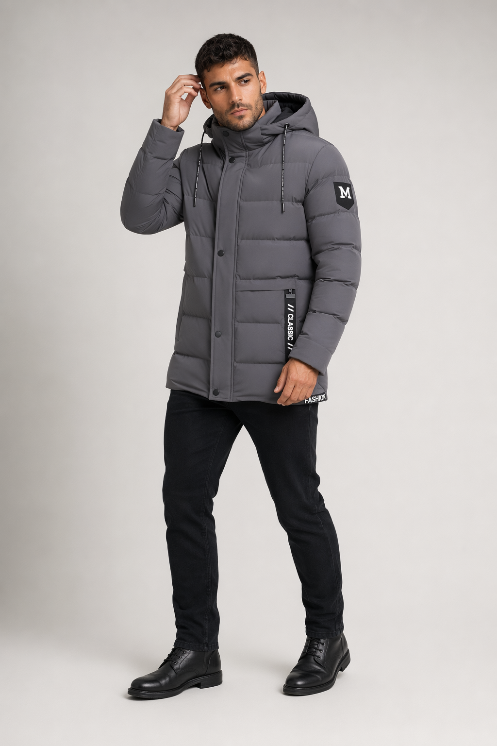 High Collar Men's Puffer Jacket with Detachable Hood Gray