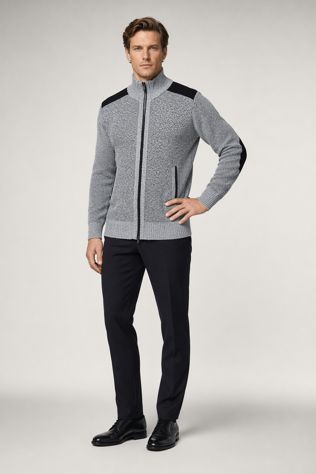Men's Cardigan with Elbow Patch and Zipper Closure Default
