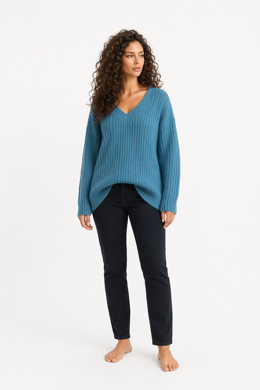 Ribbed Knit Sweater for Women with a V-Neck Design Blue