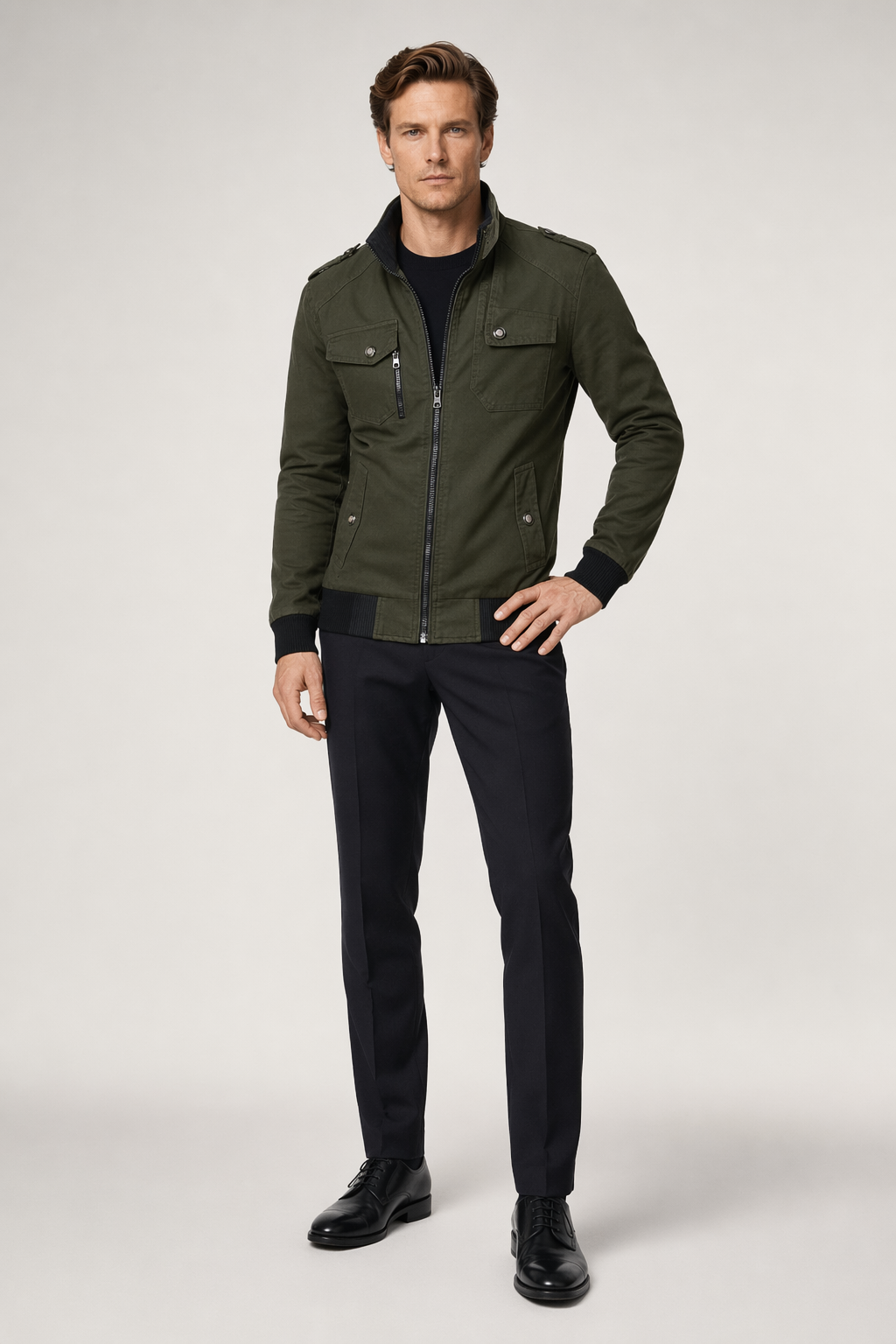 Casual Zipper Jacket for Men with Military-Inspired Look Army Green