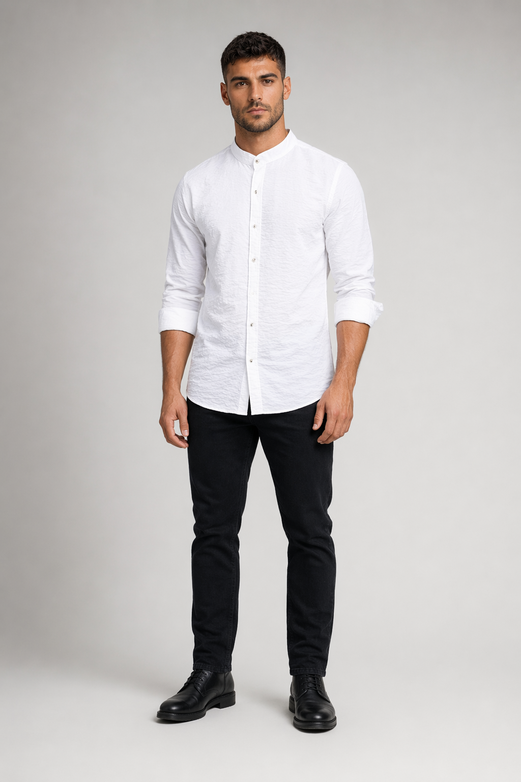 Men's Button-Up Shirt with Mandarin Collar White