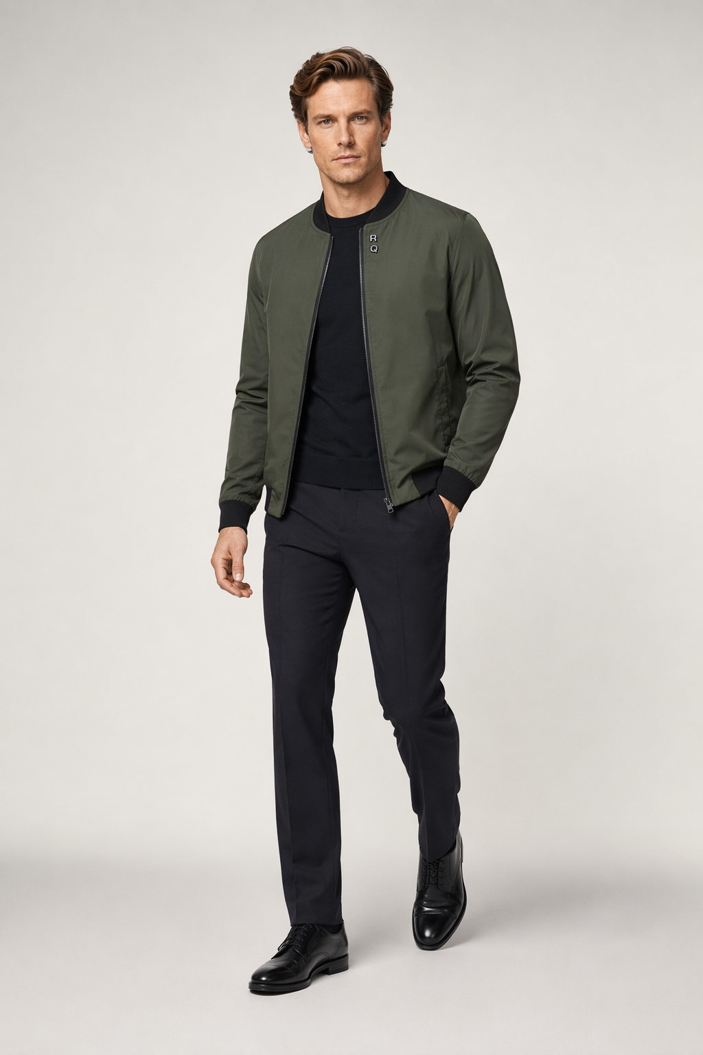 Round Neck Zipper Jacket for Men with Built-in Insulating Layer Army Green