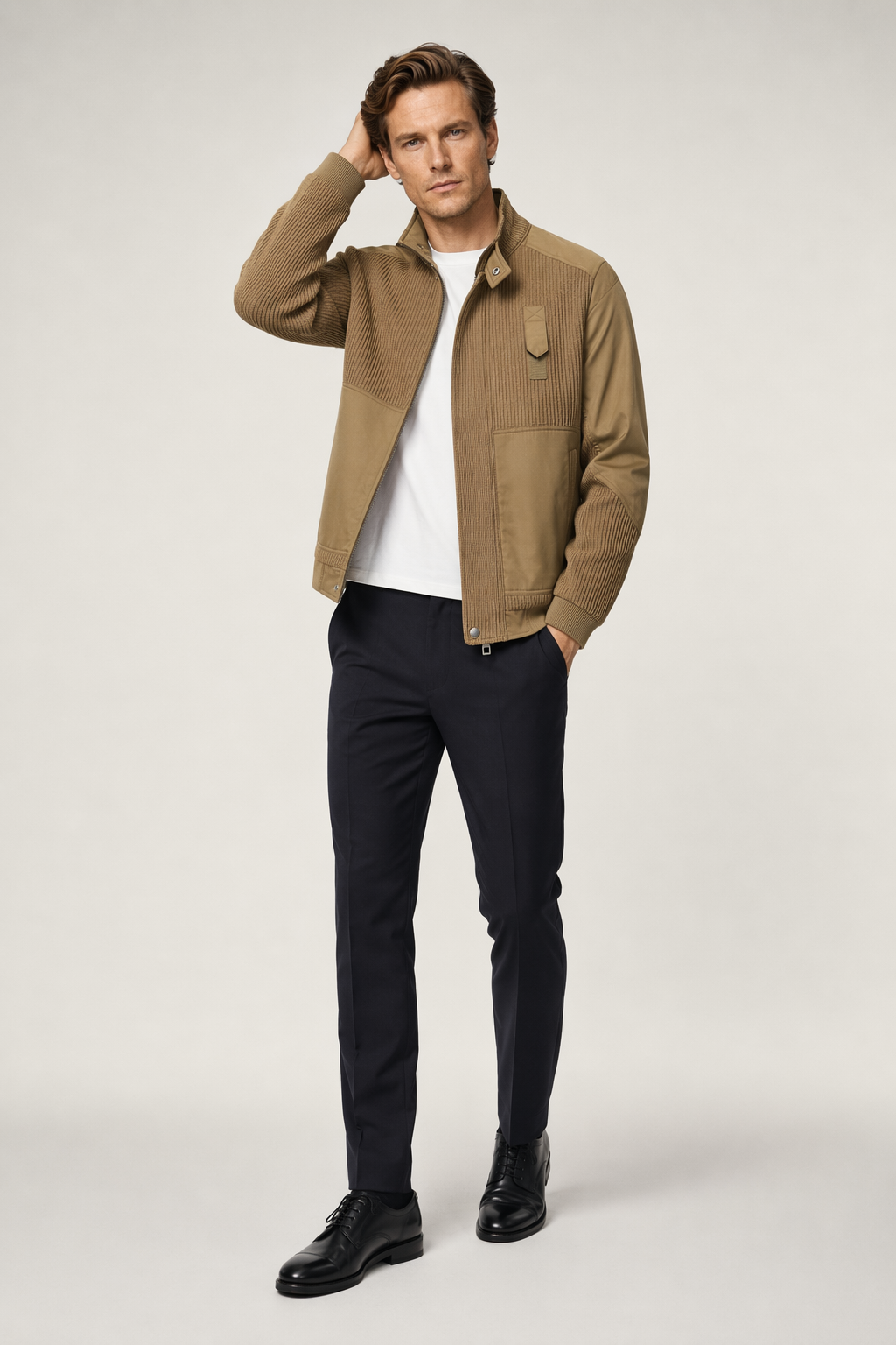 Patchwork Knit Jacket for Men Khaki