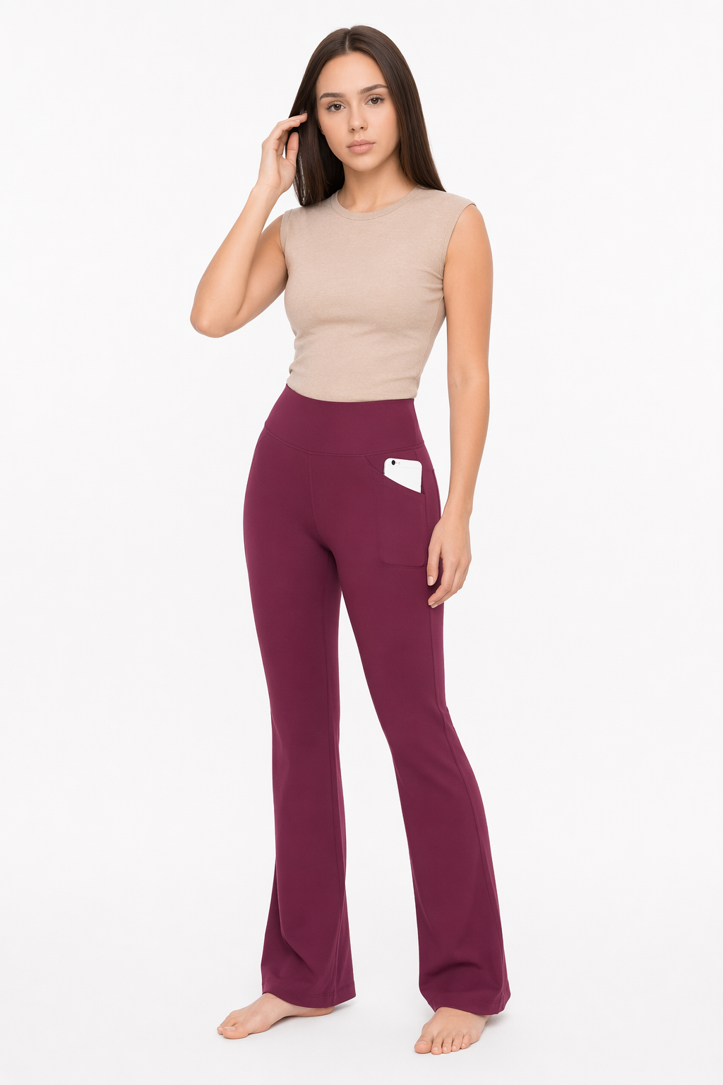 Flattering Straight Flare Yoga Leggings with a High Waist CS-Wine
